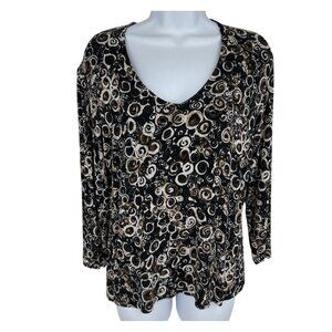 Chicos Travelers Black & Brown Swirl Print Long Sleeve V-Neck Top Size 1 US M
